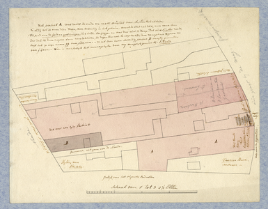 202627 Plattegrond van de percelen tussen de Neude en de Oudegracht bij de Bezembrug, met in donkerroze de lokatie van ...